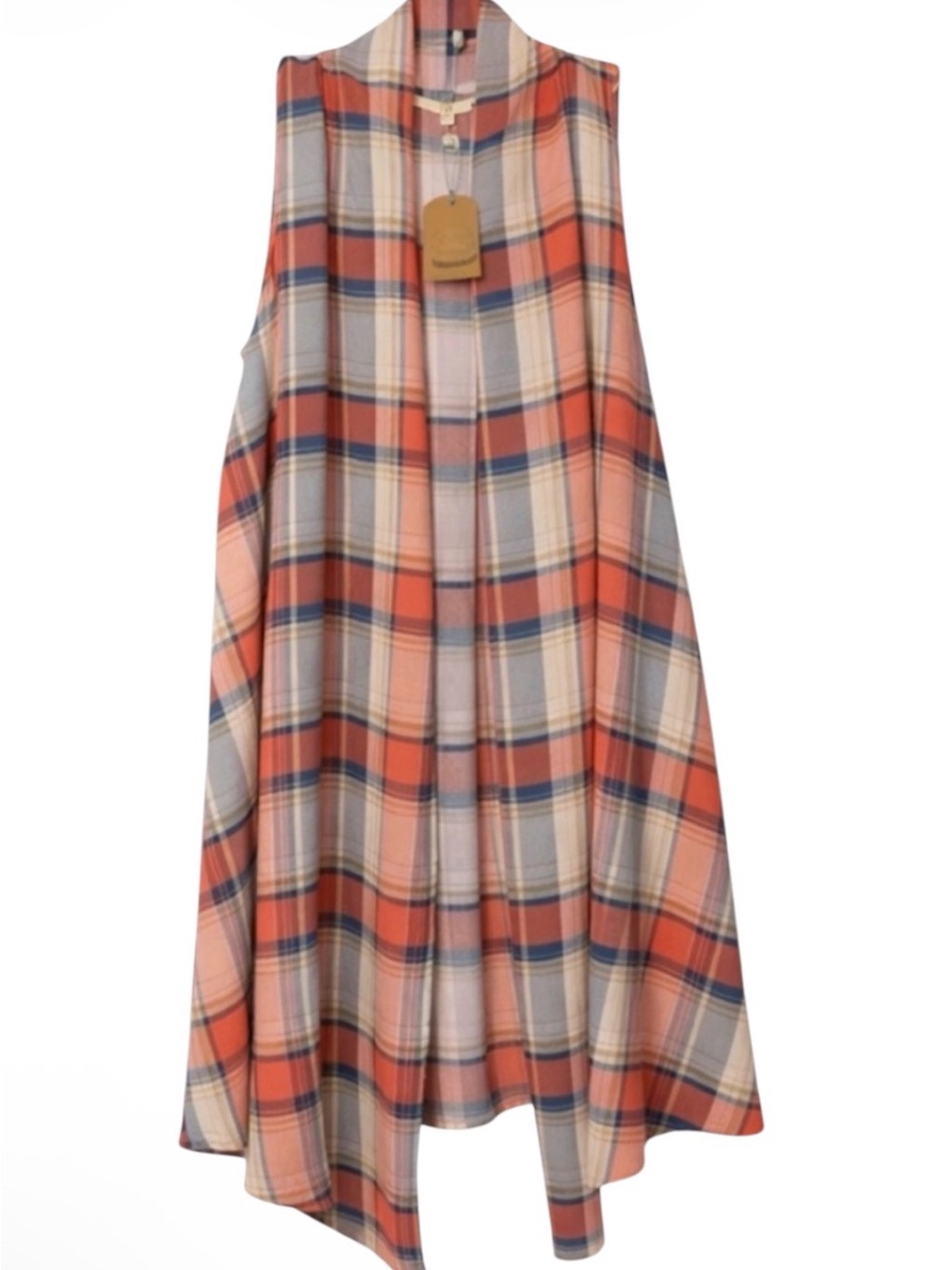 Kori Plaid Longline Vest S/M Orange Blue Open Front Boho Duster NWT